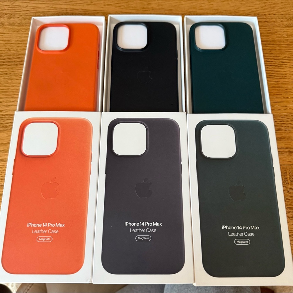 Apple genuine leather 14 Pro Max phone Case. Orange, Black and Forest Green